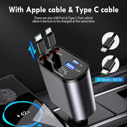 120W Fast Car Charger (2025 New Version) with 80CM Retractable Type-C & 30-pin Port Cables – Simultaneous Charging for 4 Devices – Universal Car Mobile Charger for All Smartphones & Tablets
